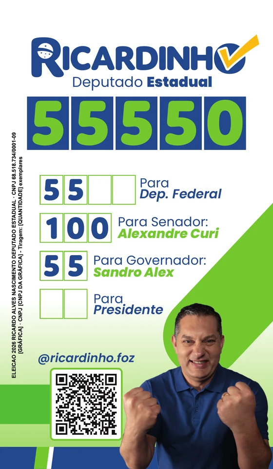 Colinha de votação: Ricardinho 55550 para deputado estadual, 55 para deputado federal, Alexandre Curi 100 para senador, Sandro Alex 55 para governador.