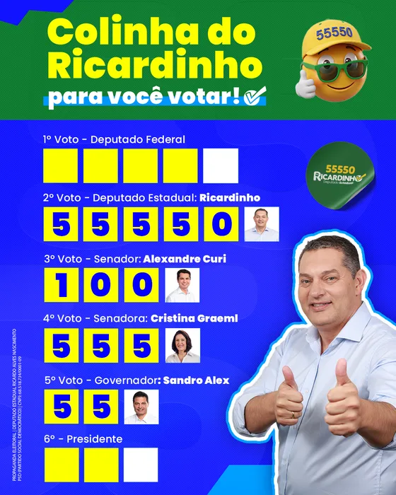Colinha do Ricardinho: deputado estadual Ricardinho 55550, senador Alexandre Curi 100, senadora Cristina Graeml 555, governador Sandro Alex 55. Deputado federal e presidente em branco.