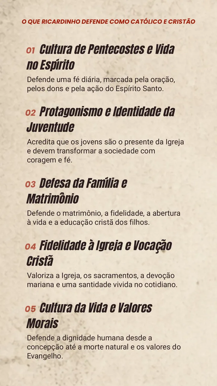 Compromissos 01 a 05: Pentecostes e vida no Espírito, juventude, família e matrimônio, fidelidade à Igreja, cultura da vida.